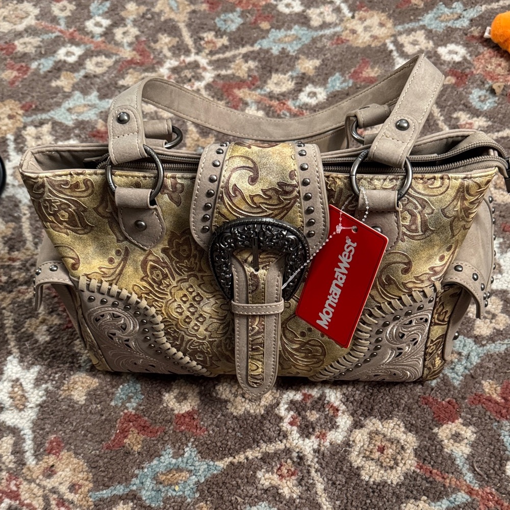 Montana West Gold and Tan Satchel Purse